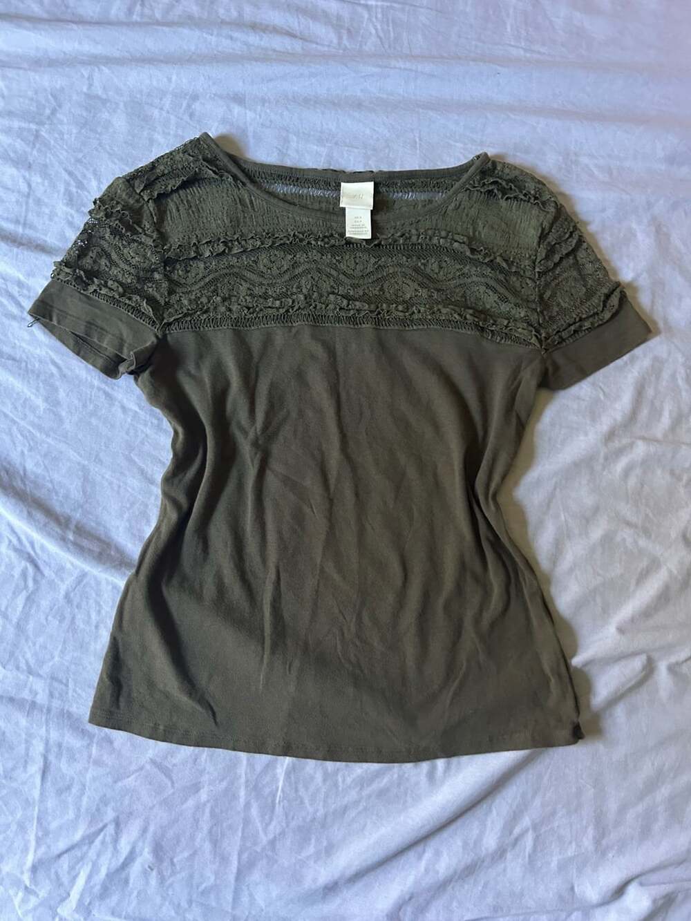H&M Olive Green Lace Short Sleeve Top